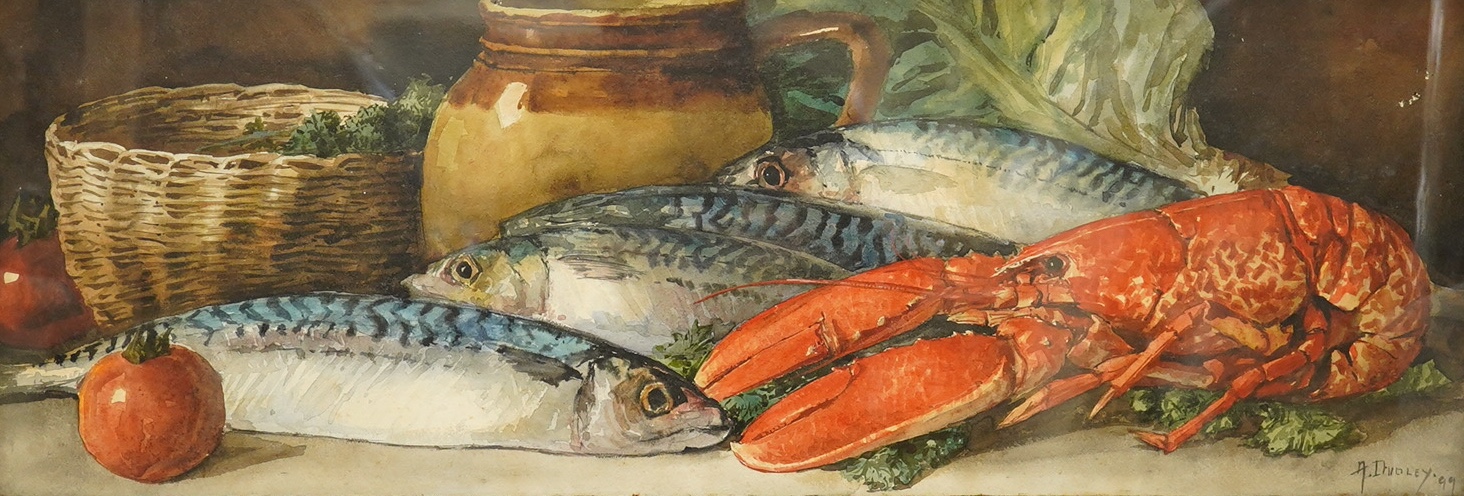 Dudley, watercolour, Still life of fish and lobster, signed and dated '99, 27 x 77cm, gilt frame. Condition - good